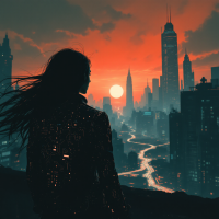 A figure stands silhouetted against a vibrant sunset, gazing over a sprawling cityscape, embodying themes of migration, loss, and the search for new identities.