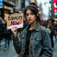 A young woman stands confidently in a busy street, holding a sign that reads Equality Now, embodying the bravery of standing up for others amidst a diverse crowd.