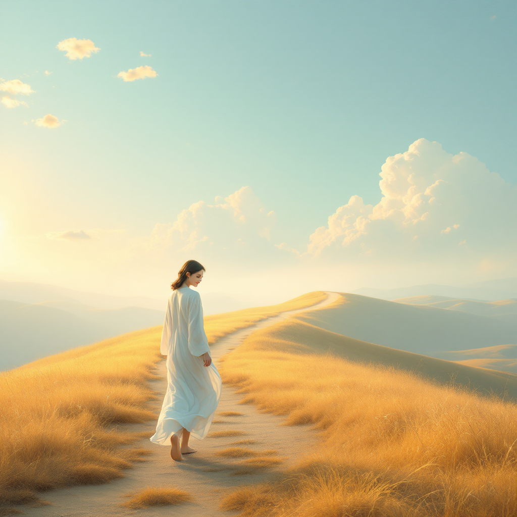 A figure in a flowing white dress walks along a winding dirt path through golden grasslands, embodying the essence of the quote about embracing happy journeys over happy endings.