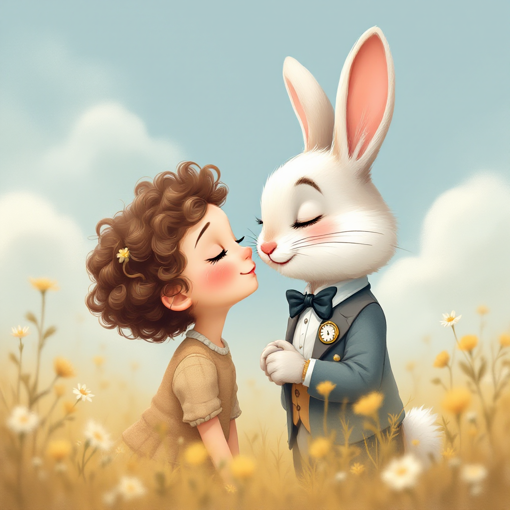 A whimsical scene in a sunny field shows a young child leaning in to kiss a charming rabbit in a suit, embodying the playful spirit of love from the quote about kissing freely.