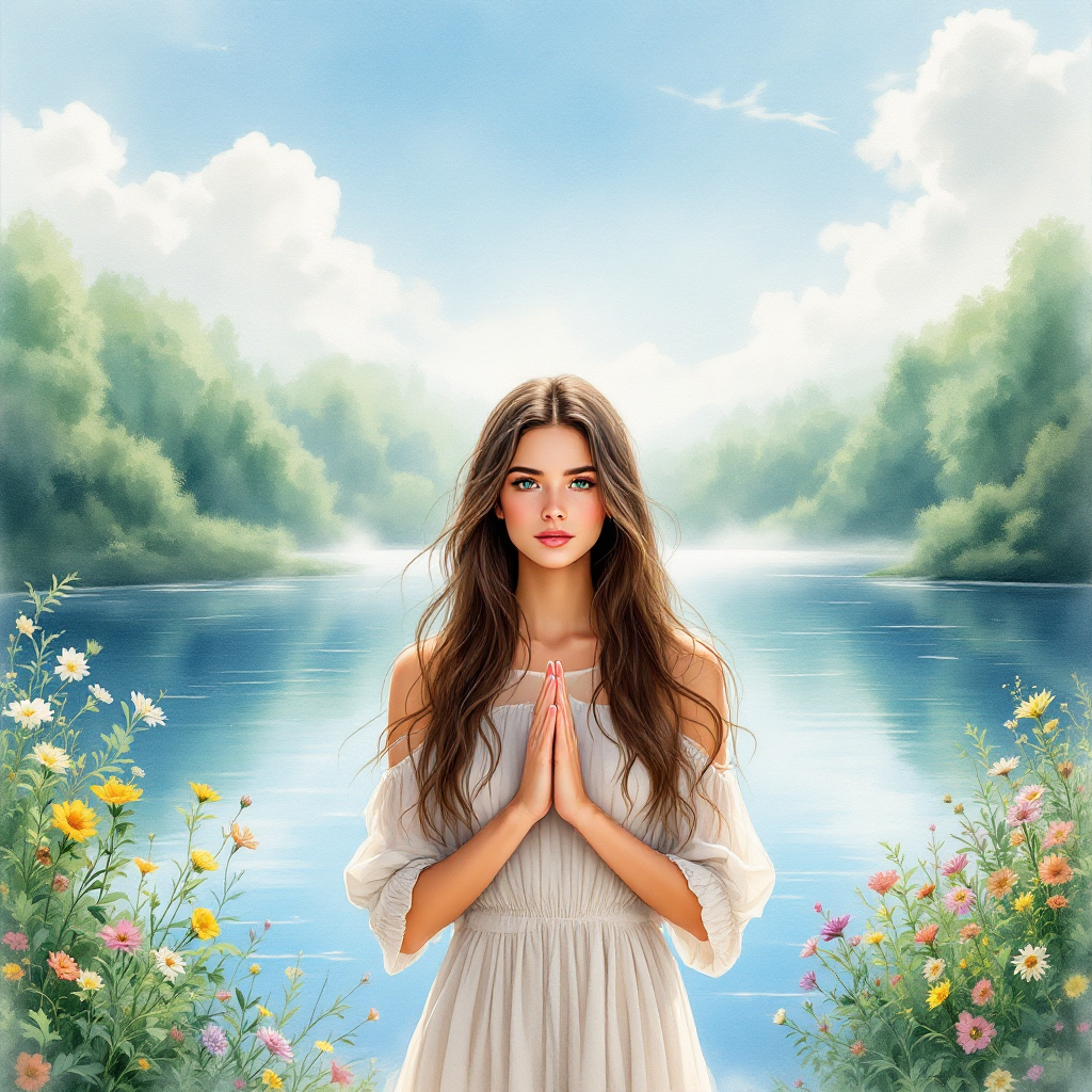 A serene young woman stands by a tranquil river, hands clasped in prayer. Lush flowers frame her, symbolizing the power of choice and resilience amidst challenging circumstances.