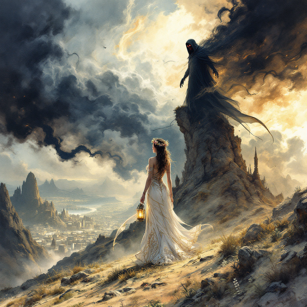 A figure in a flowing white gown stands on a rocky outcrop, holding a lantern, facing a dark, hooded presence amidst a dramatic sky of contrasting light and shadow.