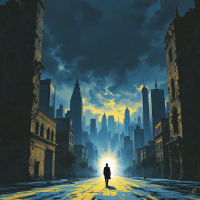 A silhouetted figure stands at the end of a deserted city street, illuminated by a bright light, evoking a sense of anticipation and fear of the unknown.