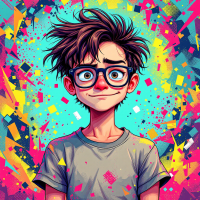 A quirky, bespectacled boy with messy hair smiles against a vibrant background of colorful geometric shapes, embodying the essence of individual perspective and self-expression.