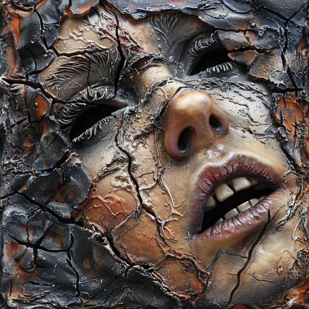 A distorted, cracked face seemingly emerging from or trapped within dark, textured material, evoking intense despair in line with the book quote: I DON'T CARE! I'VE HAD ENOUGH…