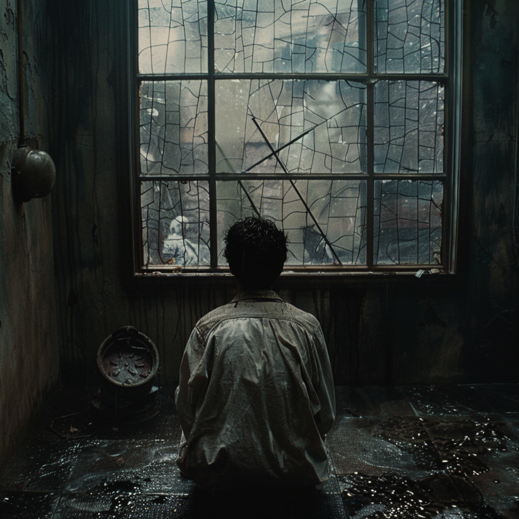 A person sits on the grimy floor of a dark, dilapidated room, staring out a cracked window into a smoky and bleak scene outside, reflecting a feeling of desperation.