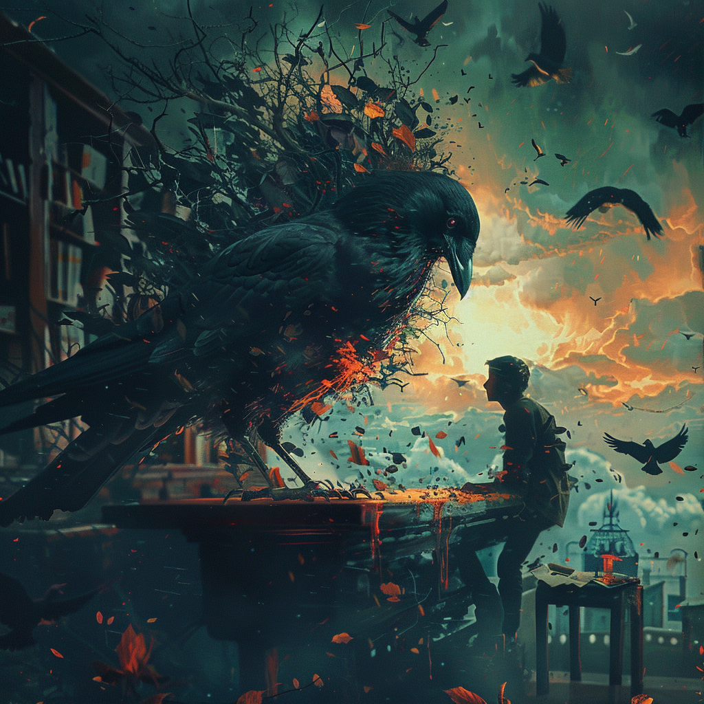 A dark, surreal image features a large ominous crow and a person sitting in despair against a stormy, dramatic sky. This visual was inspired by the quote: I DON’T CARE! I’VE HAD ENOUGH... emanating intense emotion.