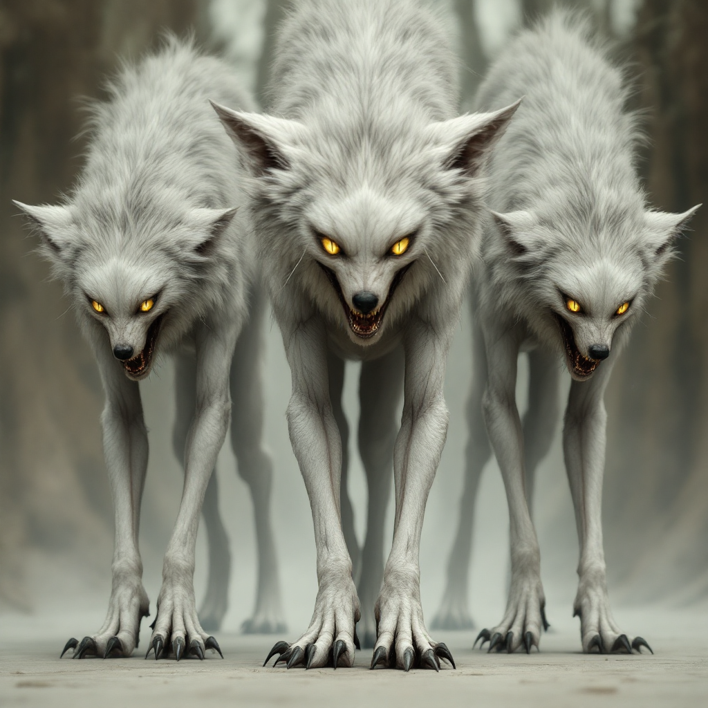 Three eerie, wolf-like creatures with upside-down heads and glowing yellow eyes stand in a misty forest, embodying the quote about folk resembling wolves.