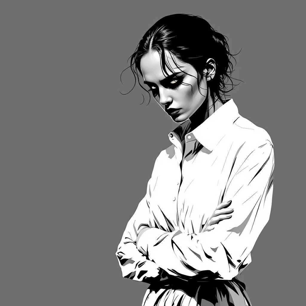 A solemn woman in a white shirt stands with arms crossed, her gaze directed downward, conveying a sense of contemplation and emotional weight against a neutral background.