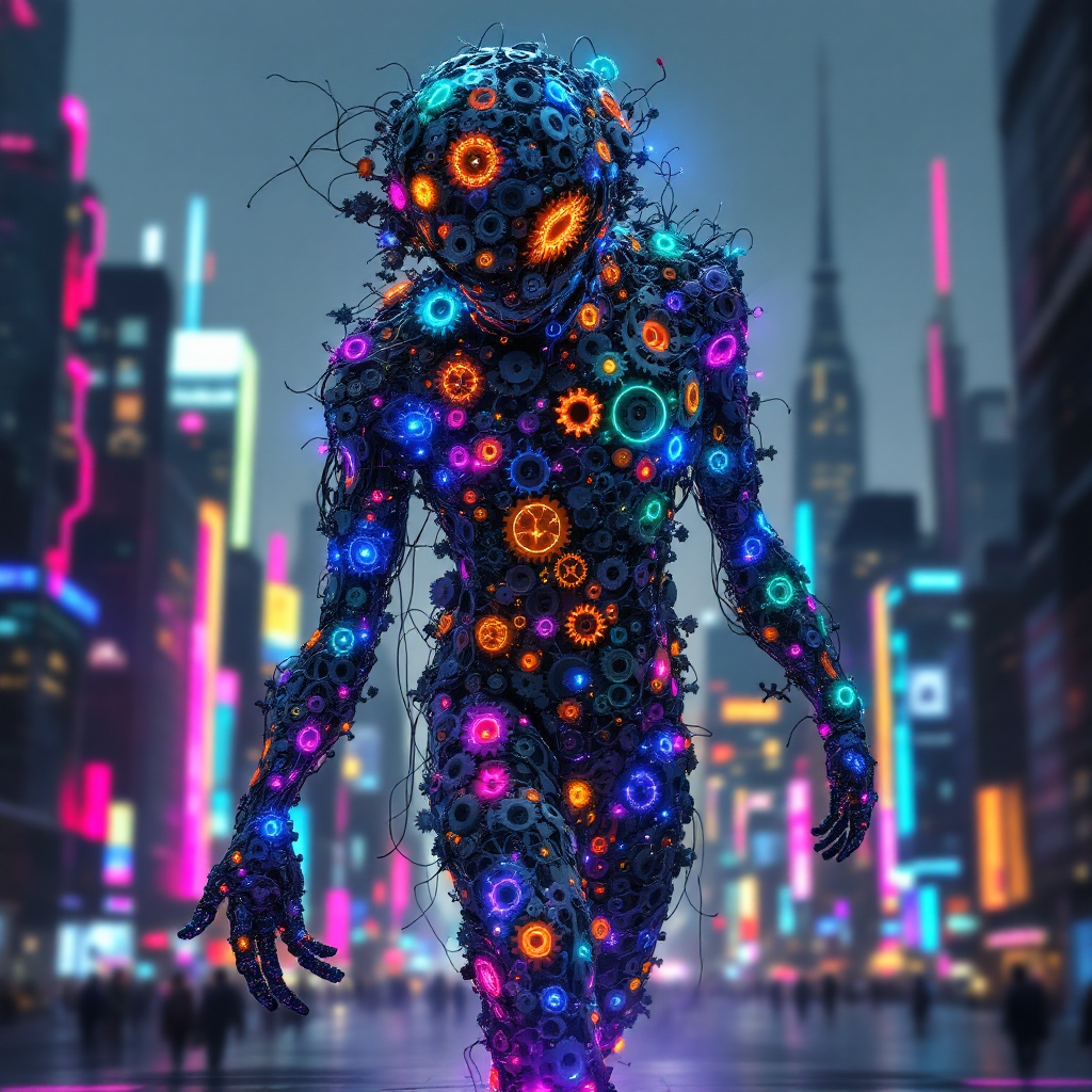 A glowing, abstract humanoid figure made of vibrant gears and lights walks through a neon-lit city, embodying the journey of self-overcoming and transformation.