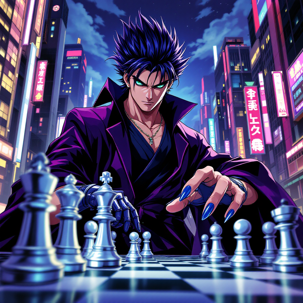 A confident figure in a stylish purple coat plays chess amidst a vibrant, neon-lit cityscape, embodying the quote: In this world, power is a game of chess, and I will not be a pawn.