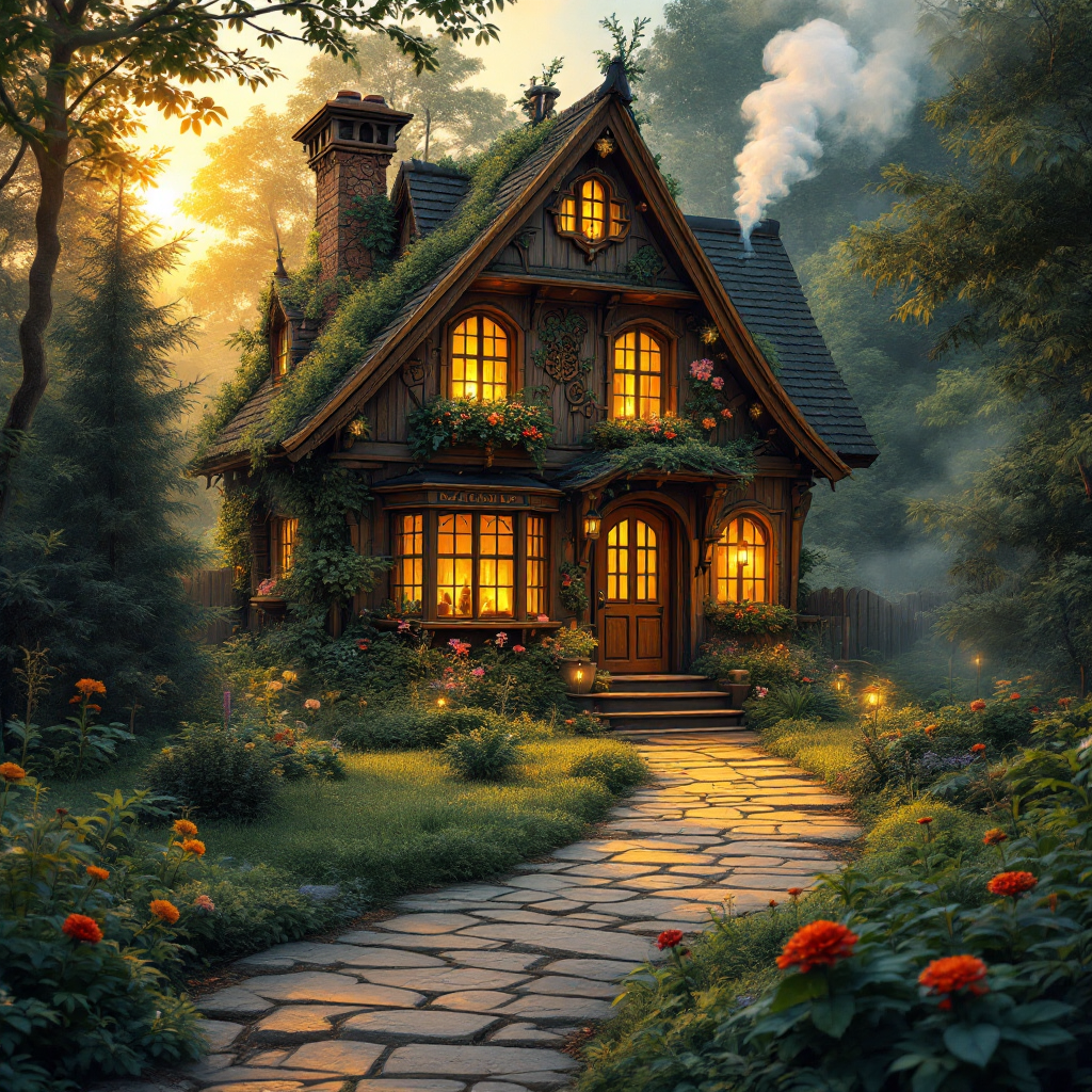 A charming cottage bathed in warm light, surrounded by vibrant flowers and lush greenery, evokes the joyful laughter and serene silence of a happy house.