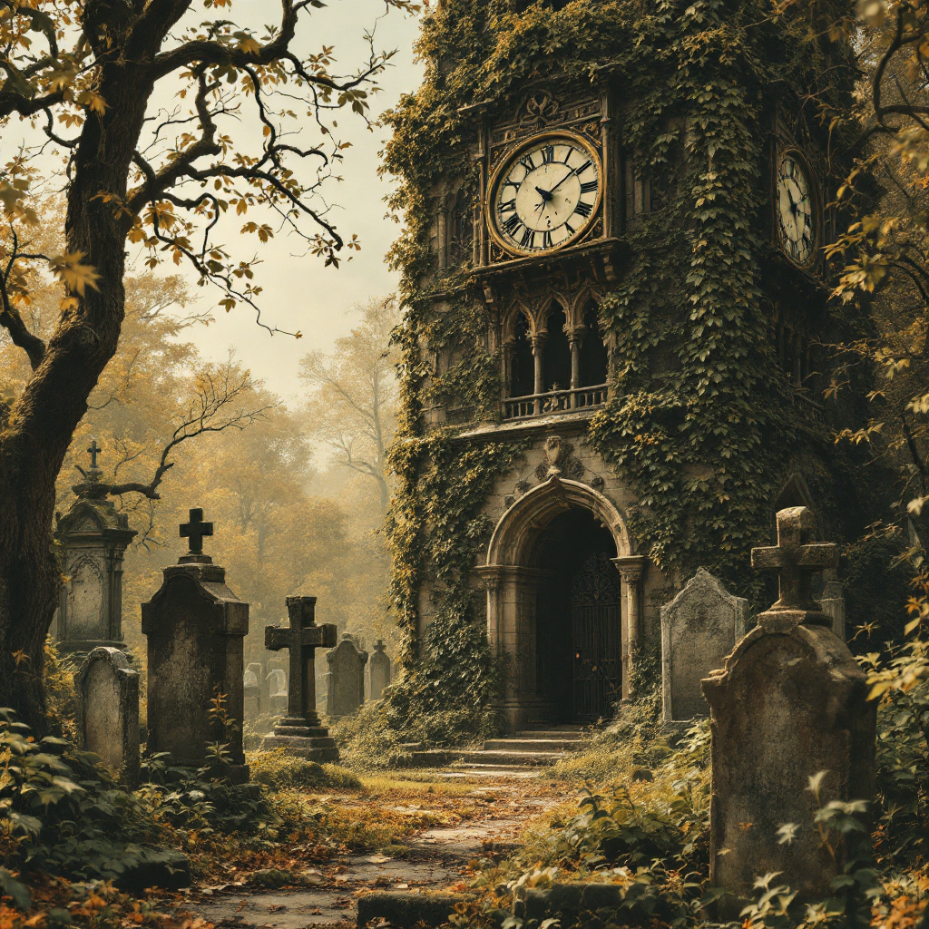 A weathered clock tower stands in an overgrown graveyard, surrounded by moss-covered tombstones, evoking reflections on the past and its haunting presence.