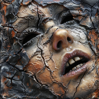 A distorted, cracked face seemingly emerging from or trapped within dark, textured material, evoking intense despair in line with the book quote: I DON'T CARE! I'VE HAD ENOUGH…