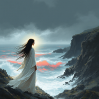 A woman in a flowing white dress stands on rocky cliffs, gazing at tumultuous waves and a dramatic sky, illustrating the internal battle against oneself in a serene yet powerful moment.