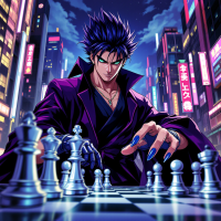 A confident figure in a stylish purple coat plays chess amidst a vibrant, neon-lit cityscape, embodying the quote: In this world, power is a game of chess, and I will not be a pawn.