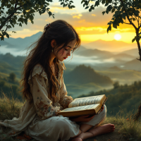 A young girl sits in a serene landscape, reading a book as the sun sets behind distant mountains, capturing a moment of contemplation and curiosity about the world's complexities.