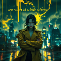 A moody urban scene with a figure in a yellow coat, arms crossed, embodies resilience, set against a city skyline, with the quote what does not kill me makes me stronger above.