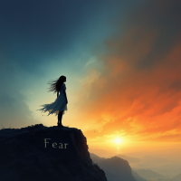 A silhouette of a woman in a flowing dress stands on a rocky cliff at sunset, embodying the essence of fear as life's true opponent beneath the word Fear.