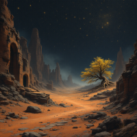 A desolate desert landscape beneath a starry sky, featuring a solitary yellow tree amidst towering rock formations, embodying the haunting persistence of the past.