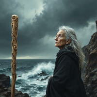 An older woman with long gray hair stands on a rocky shore, gazing thoughtfully at the turbulent sea under a dramatic sky, holding a carved wooden staff, embodying strength and contemplation.