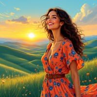 A joyful woman in a vibrant floral dress smiles as the sun sets behind rolling green hills, embodying the essence of making her own happiness.