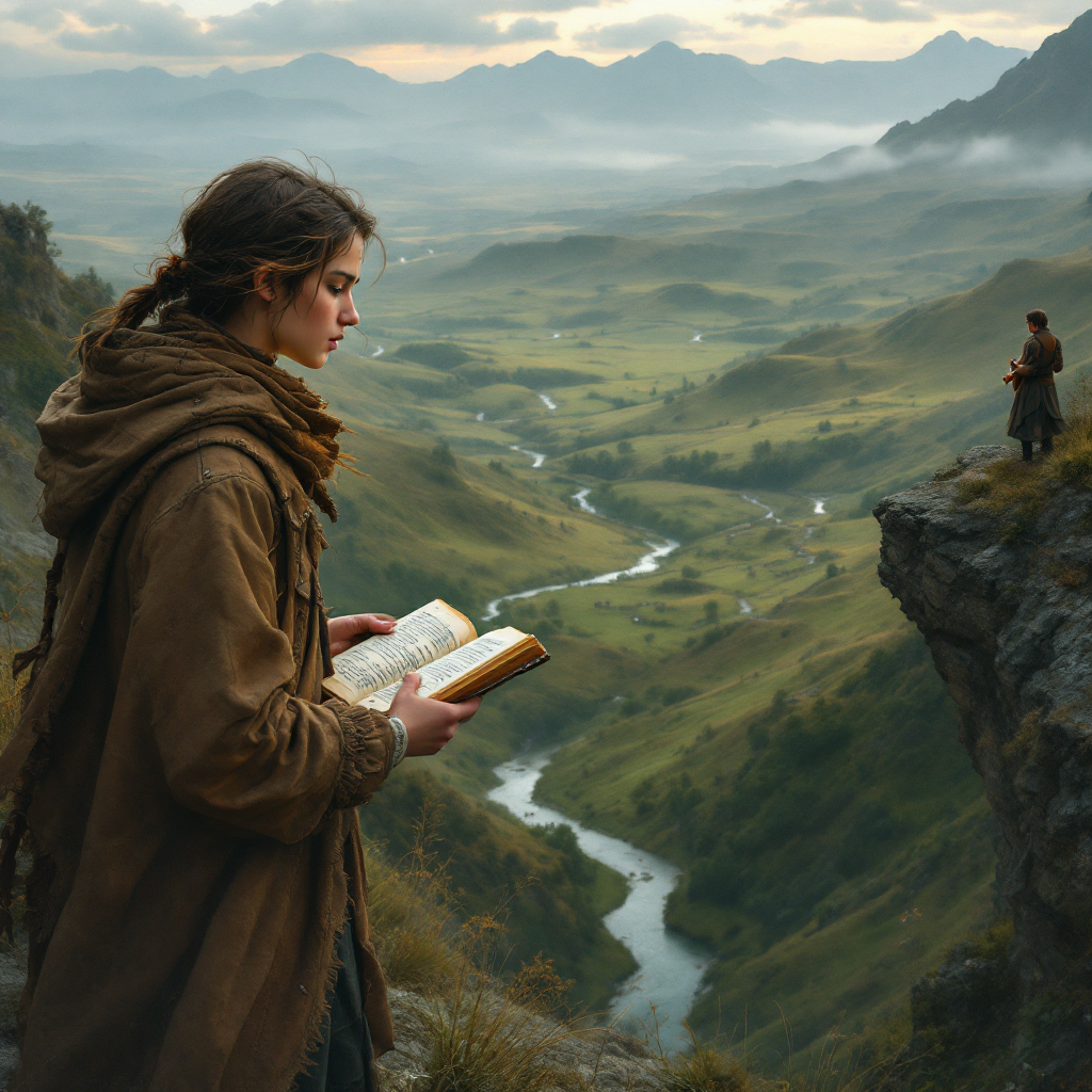 A young person reads a book, gazing thoughtfully over a vast, serene valley. A second figure stands on a cliff, silhouetted against distant mountains, embodying the power of words and melody.