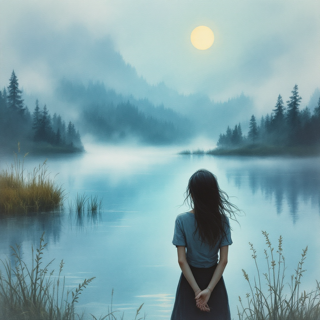 A contemplative figure stands by a serene lake, surrounded by misty mountains and trees, gazing at the rising sun, embodying the search for direction in an uncertain world.