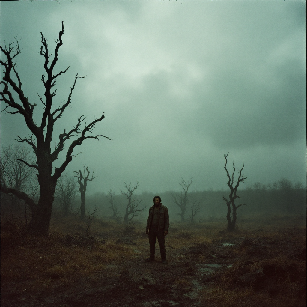 A solitary figure stands amidst a desolate landscape, characterized by bare, twisted trees and a moody, overcast sky, echoing the sentiment of life's indifferent challenges.