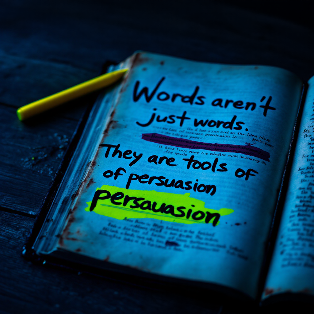 An open book in dim light features the quote, Words aren't just words. They are tools of persuasion, highlighted in yellow and green, symbolizing the power of language.