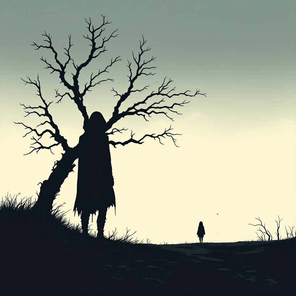 A shadowy figure stands beside a barren tree, while another figure walks away in the distance, evoking the haunting essence of the quote about the weight of unspoken thoughts.