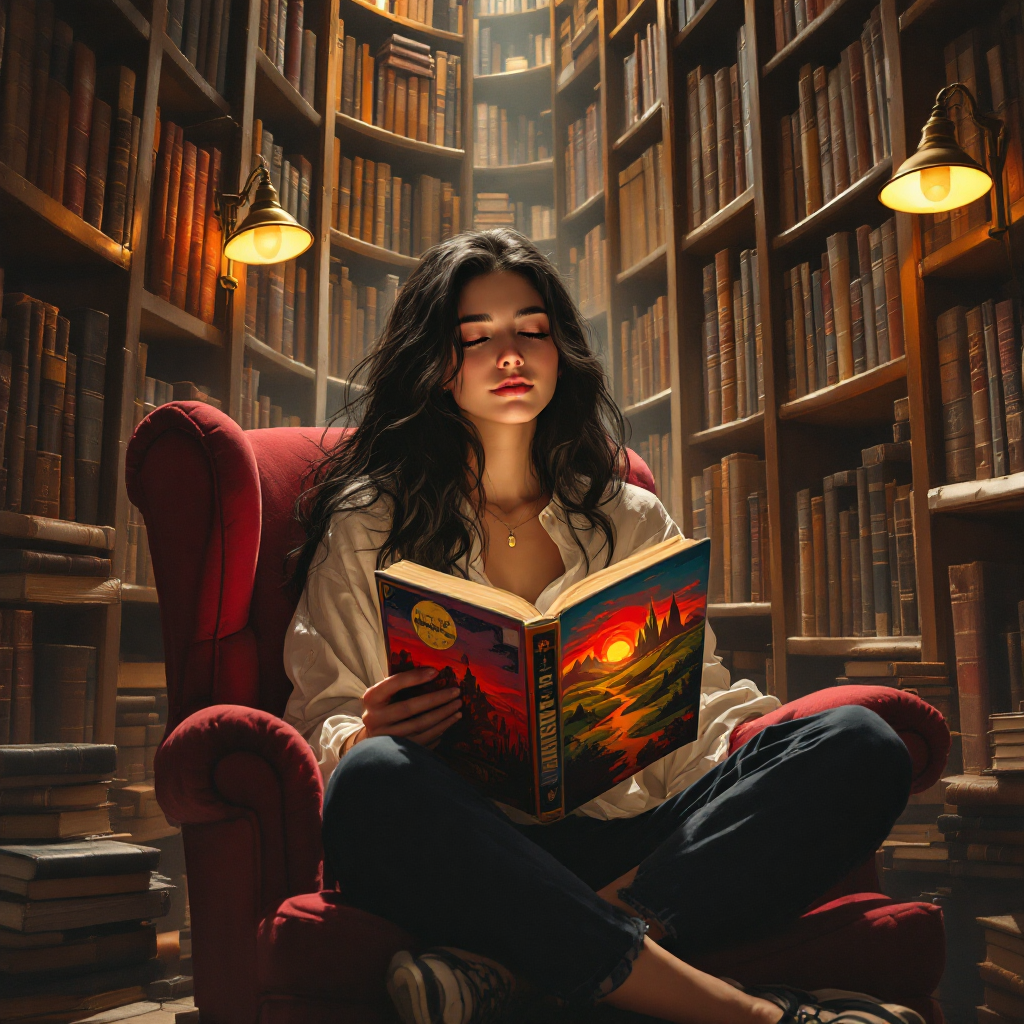 A young woman sits in a cozy armchair, engrossed in a colorful book, surrounded by towering shelves filled with books, embodying the refuge they provide.