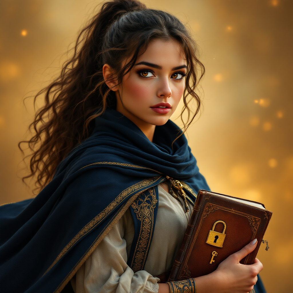 A determined young woman in a dark cloak holds a locked book, embodying the quote about pursuing what's important despite overwhelming odds, set against a warm, glowing background.