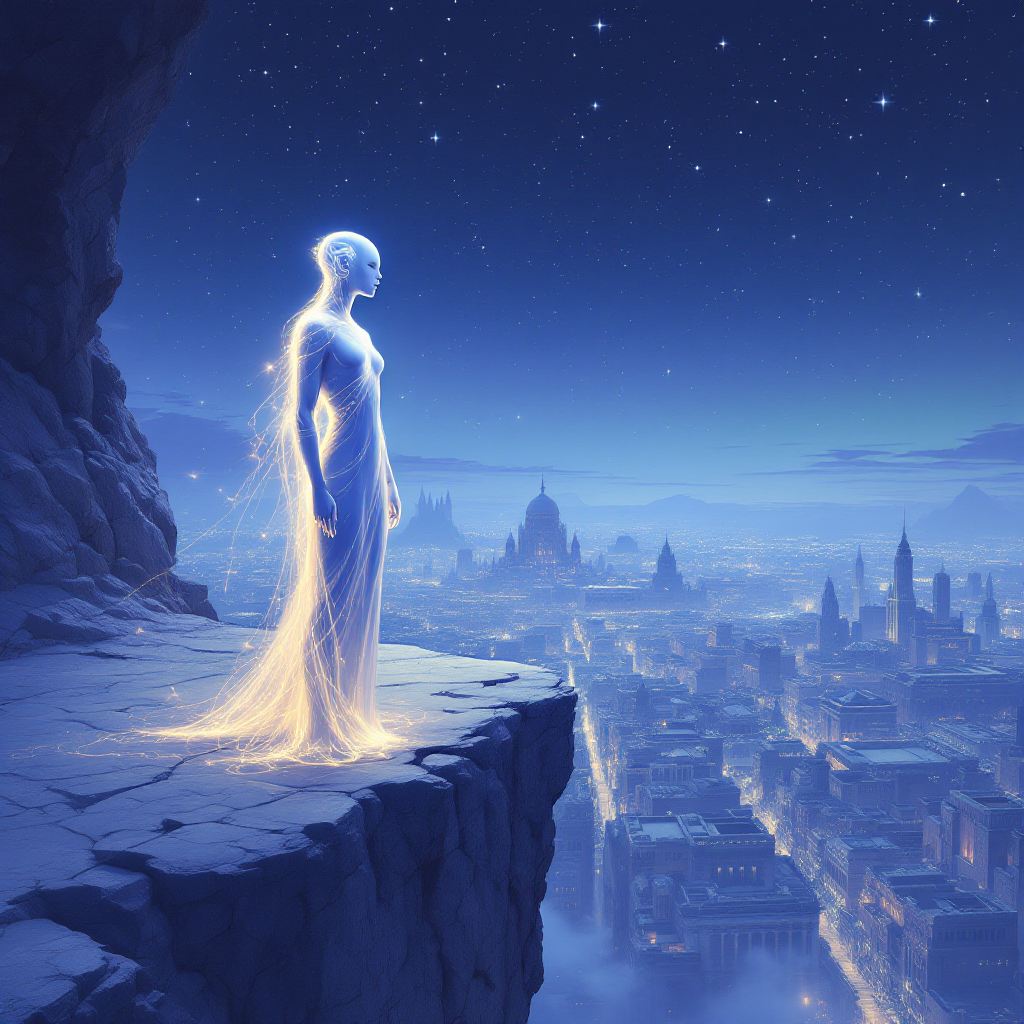 A glowing, ethereal figure stands on a cliff, gazing over a futuristic cityscape under a starry sky, embodying the vision of humanity's future and its essence.