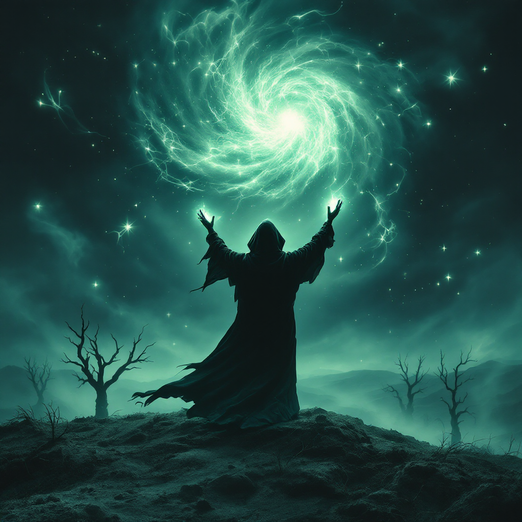 A robed figure raises arms towards a swirling green vortex in a dark, eerie landscape, embodying the essence of necromancy as the art of having the last word.