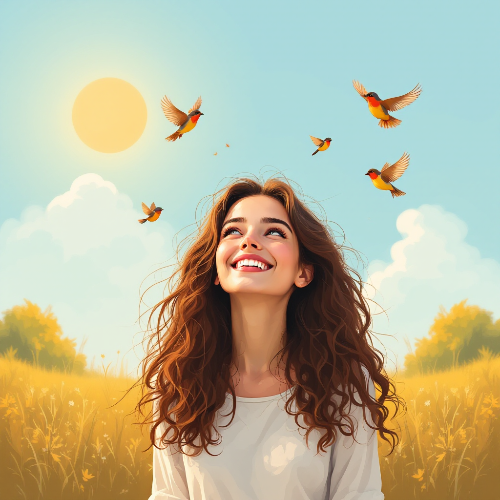 A smiling woman with curly hair stands in a golden field, surrounded by small birds flying overhead, evoking the quote about resilience and letting go of burdens.