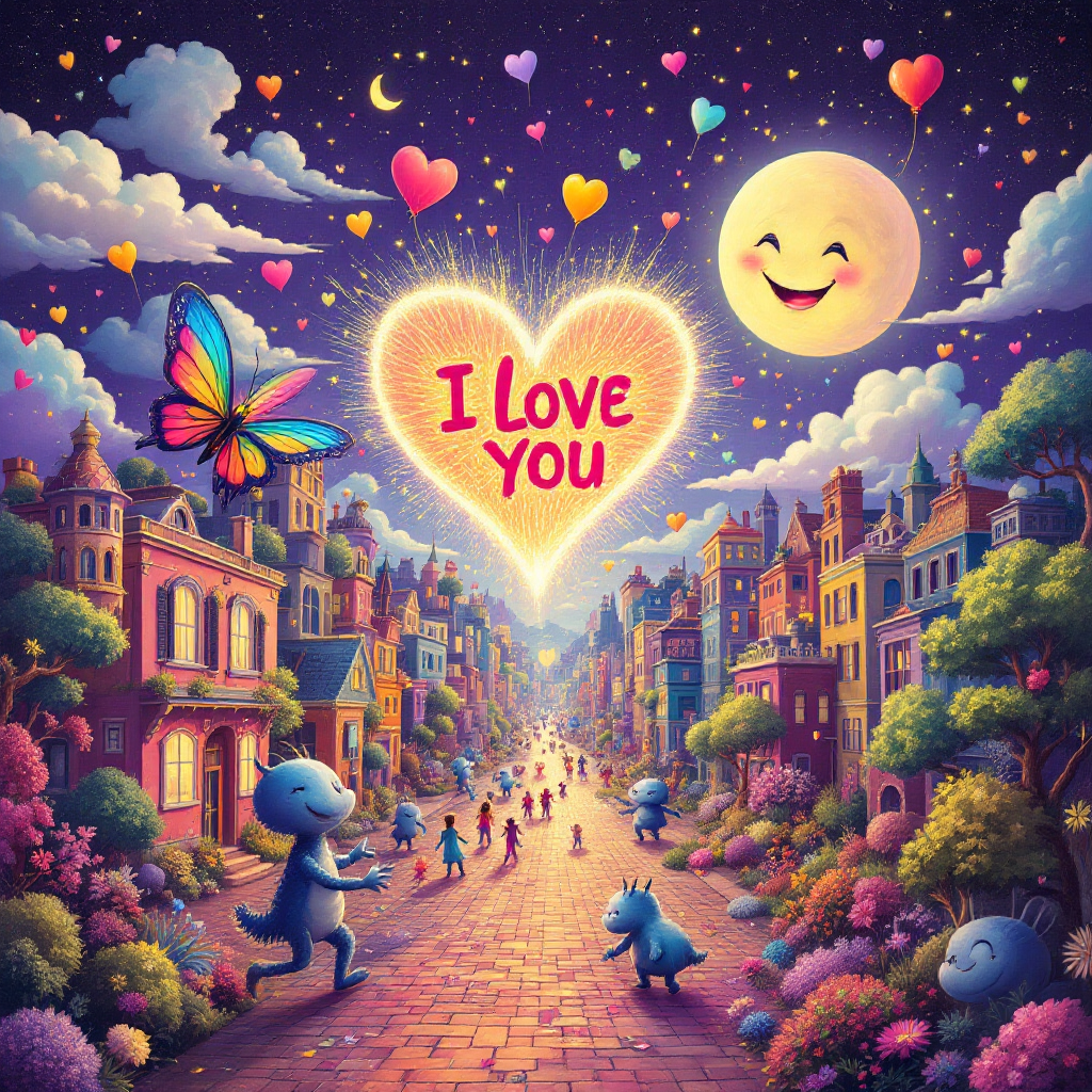 A vibrant street scene filled with characters dancing and celebrating under a starry sky, surrounded by colorful flowers, butterflies, and a glowing heart proclaiming I Love You.