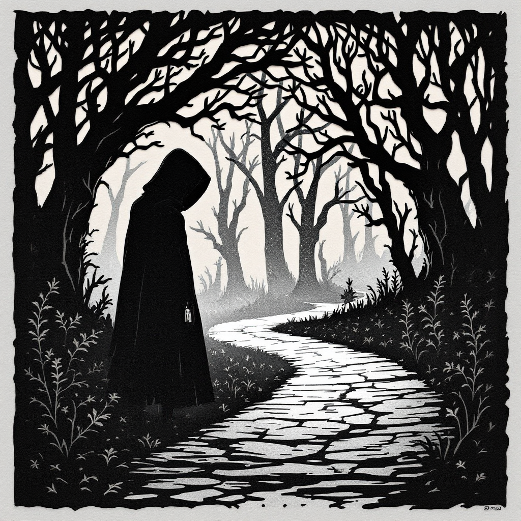 A shadowy figure in a dark cloak stands along a winding, narrow path through a dense, twisted forest, embodying the theme of fear leading to a darker fate.