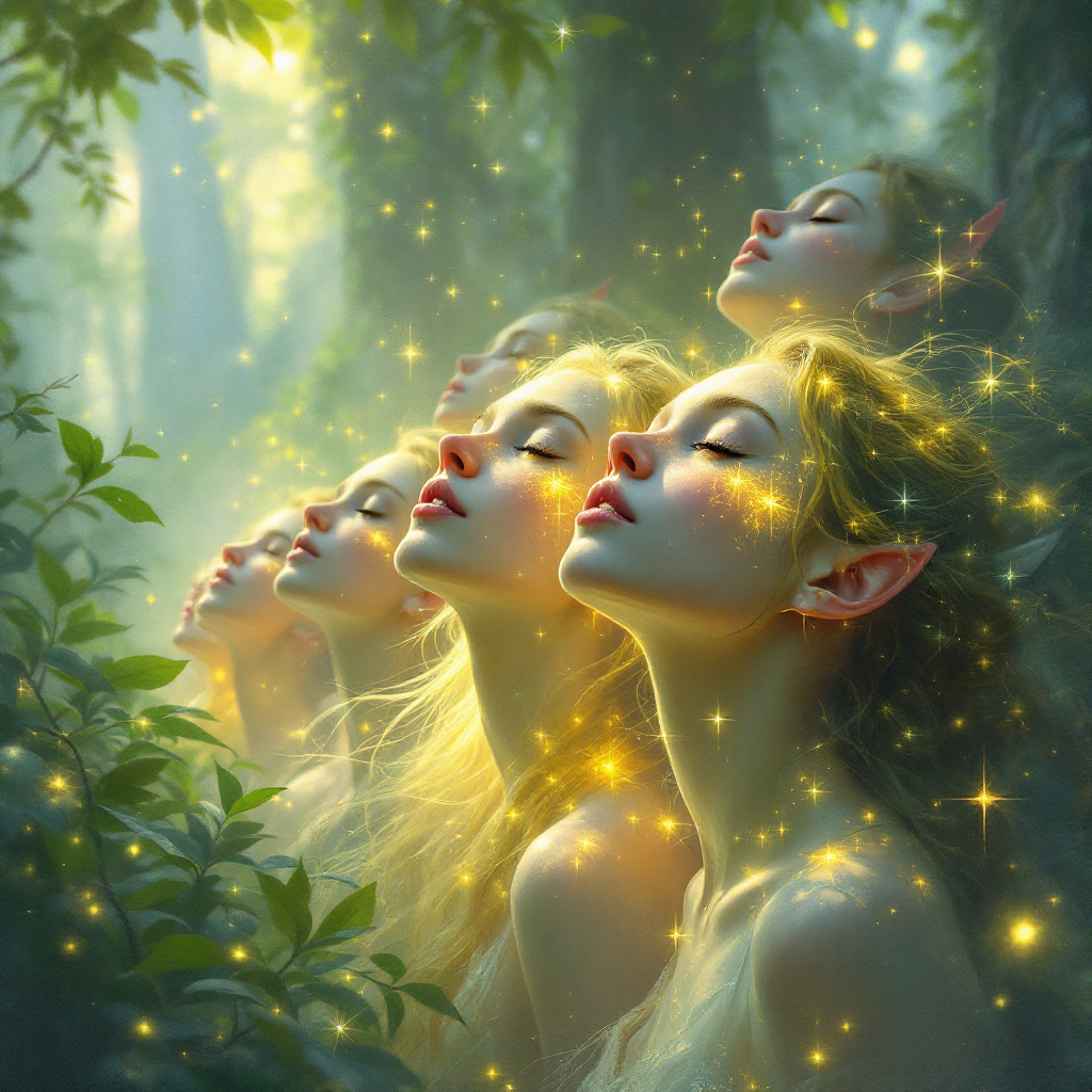 A serene image of ethereal elf-like figures with glowing features, exuding a sense of light and immortality, surrounded by a luminous forest setting.