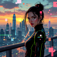 A woman in a futuristic outfit gazes over a vibrant city skyline at sunset, embodying a mindset shift towards true energy independence amidst digital motifs.