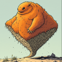 A fluffy, diamond-shaped alien creature with russet fur on top and brush-like fibers underneath, standing on a barren landscape, featuring a stumpy tail and a cheerful expression.