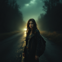 A young woman stands alone on a dark, misty road, illuminated by distant headlights. Her expression is contemplative, embodying the idea that every choice shapes her journey.