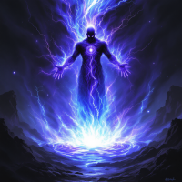 A figure surrounded by vibrant blue lightning hovers above a glowing circle, symbolizing the journey of embracing mistakes to achieve greatness.