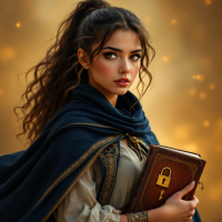 A determined young woman in a dark cloak holds a locked book, embodying the quote about pursuing what's important despite overwhelming odds, set against a warm, glowing background.