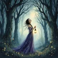 A woman in a flowing purple dress stands in a dark, misty forest, holding a lantern that illuminates her path, embodying the quote about creating one's own light in the darkness.