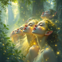 A serene image of ethereal elf-like figures with glowing features, exuding a sense of light and immortality, surrounded by a luminous forest setting.