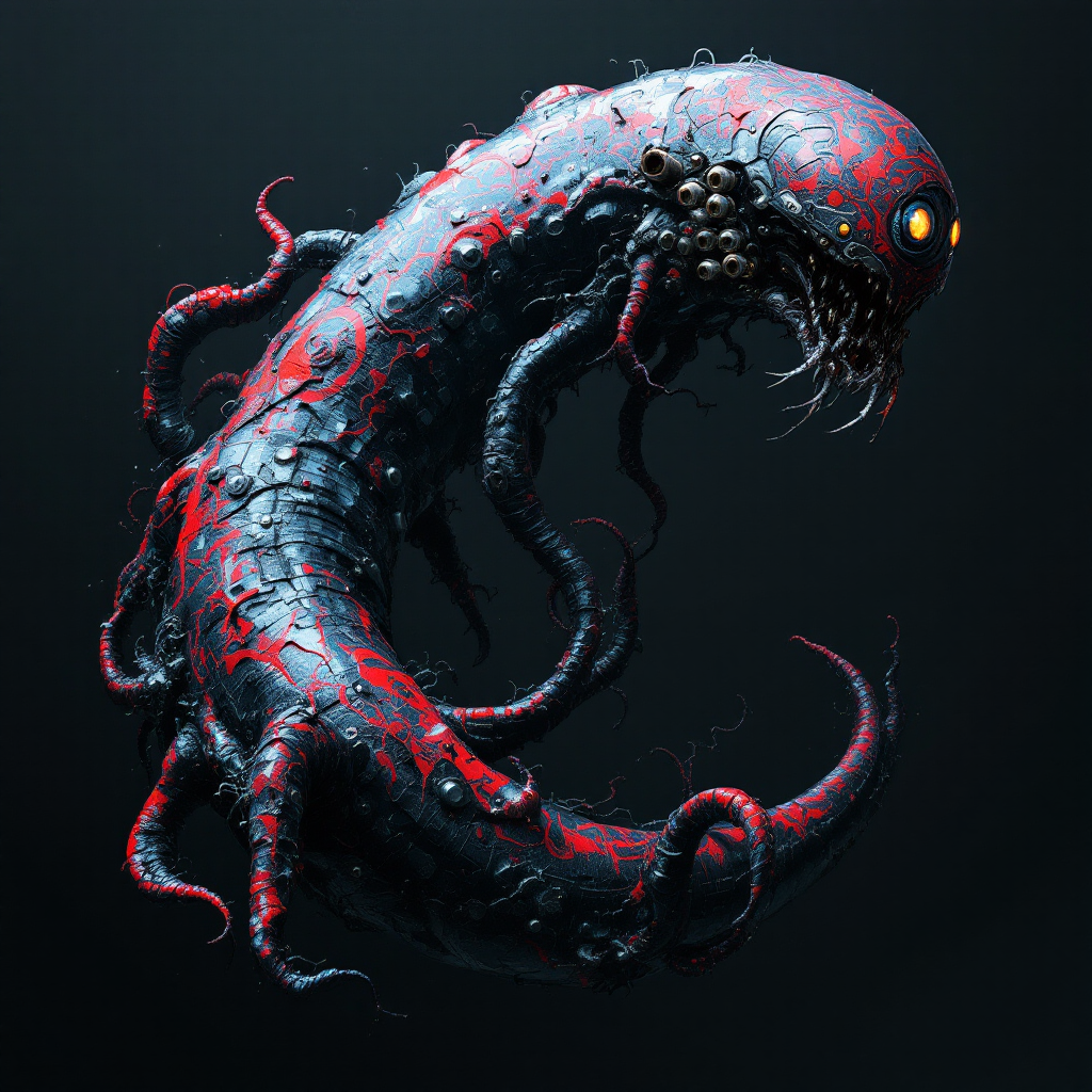 A four-meter black leech with a squirming, eye-tipped body, adorned with a menacing metal hood, pincers, and weapon barrels, floating against a dark background.