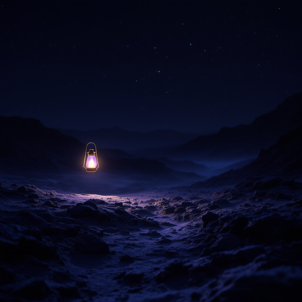 A dimly lit lantern glows softly on a dark, rocky path, surrounded by shadowy mountains under a starry sky, evoking the quote about light guiding the lost to safety.