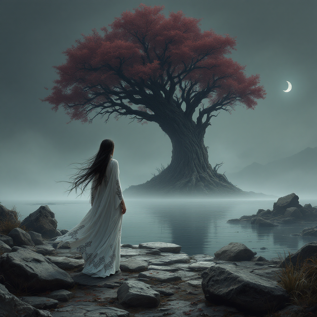 A figure in a flowing white garment stands on rocky shore, facing a towering tree with vibrant red leaves, reflected in a misty lake under a crescent moon, symbolizing confronting the past.