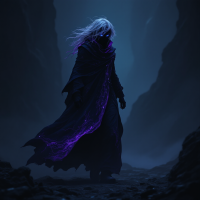 A shadowy figure with glowing purple accents stands in a dark canyon, embodying the quote about the one who holds the power to vanquish the Dark Lord.